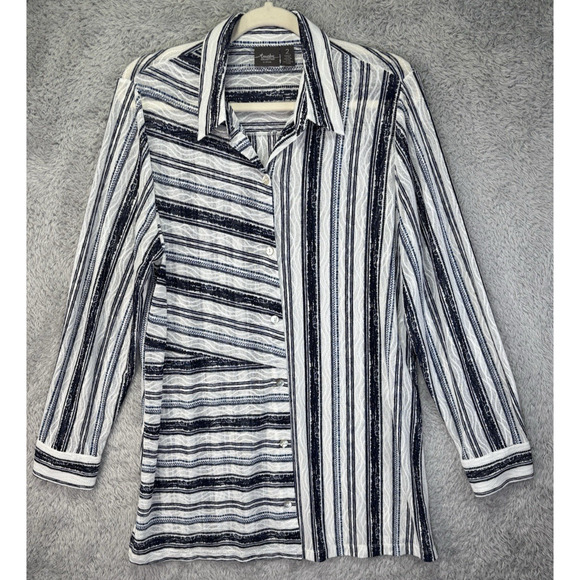 Chicos Travelers Large‎ Blue White Semi Sheer Long Sleeve Tunic Top Button Up - Picture 1 of 12